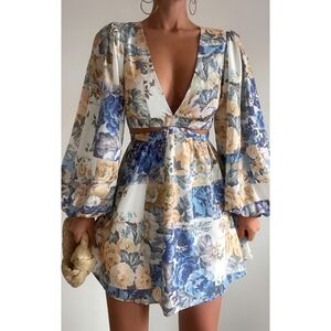 NWT Showpo Emily Blue Yellow Patchwork Floral Dress, 12